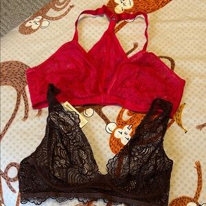Lace Bralette Set - Red and Brown
